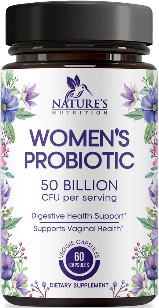 Probiotics for Womens Digestive Health 50 Billion CFU for Vaginal pH Gut Health & Immune Support Daily Probiotic Supplement for Feminine Health 5 Strains Gluten Free - 60 Capsules